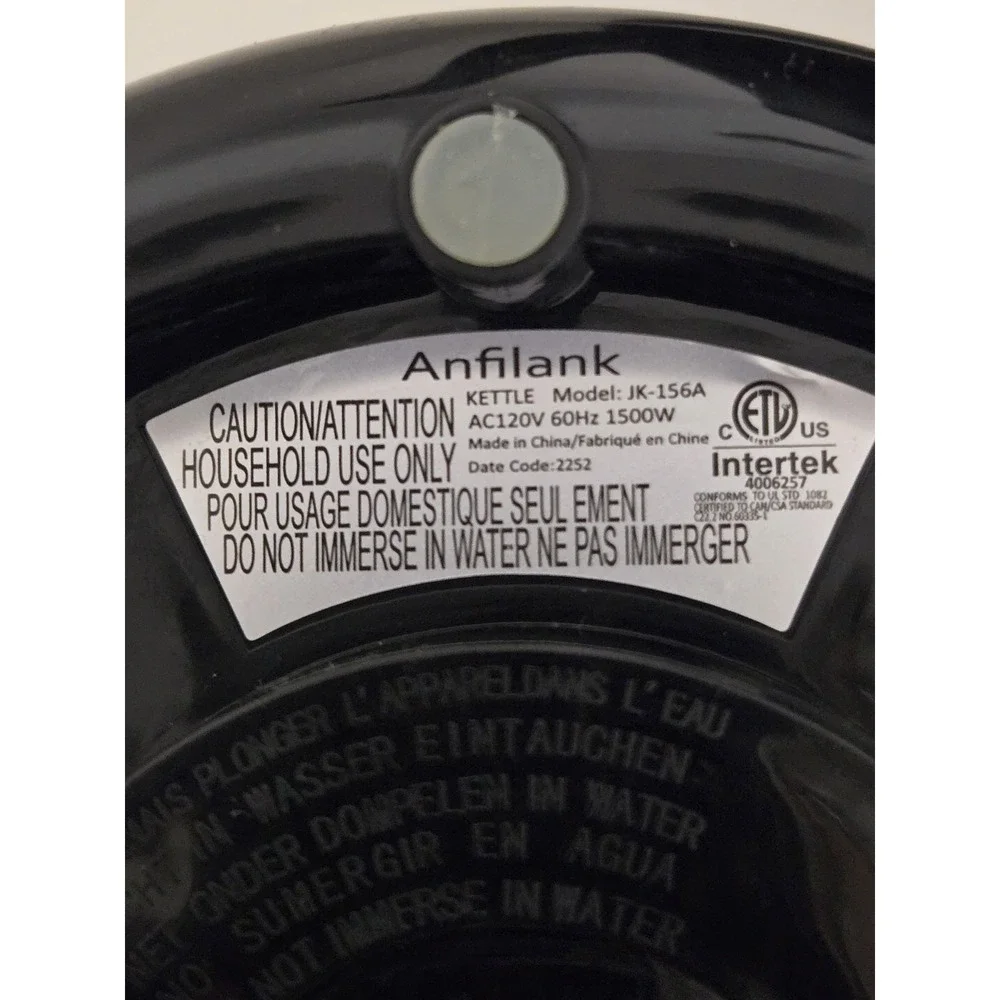 Anfilank Electric Black Kettle 1500W Fast Boil 100% Stainless Steel EUC